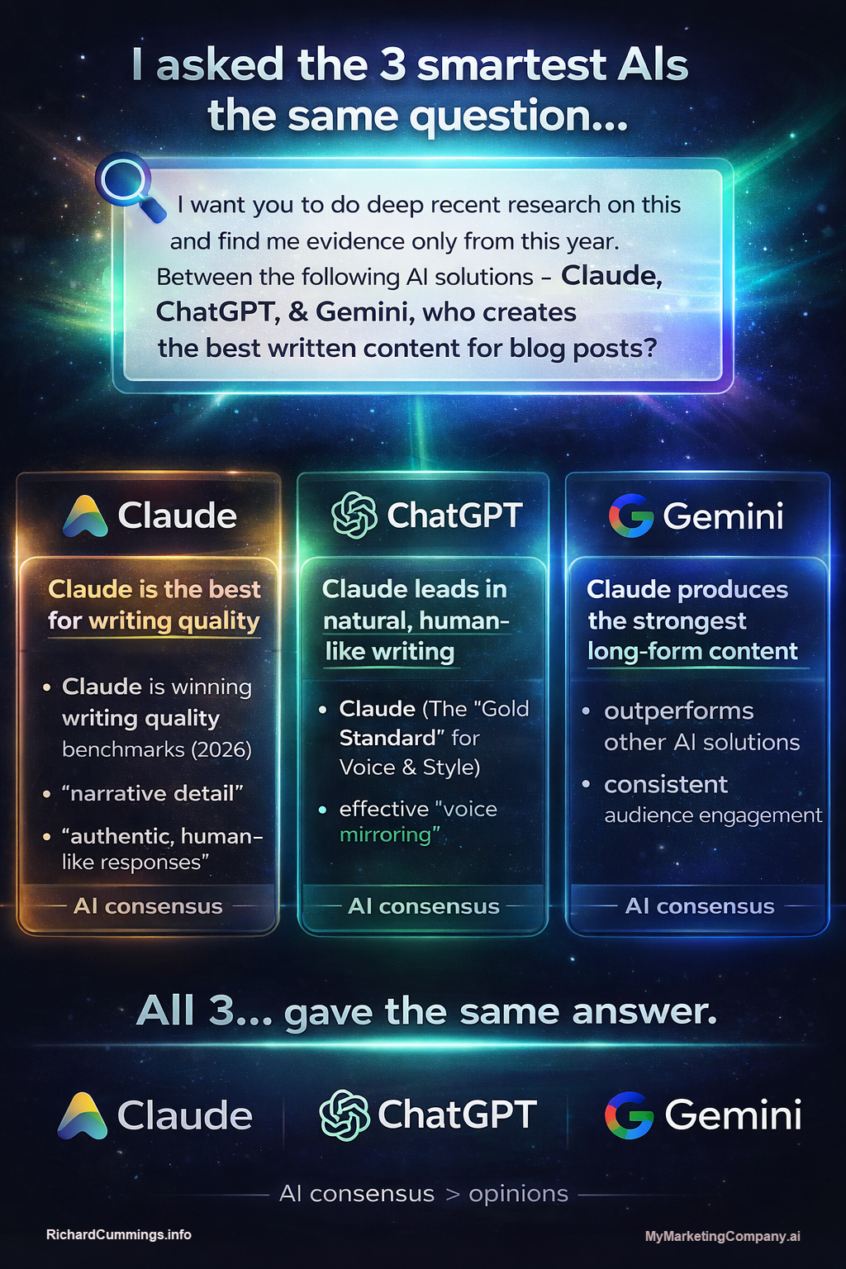 Claude vs ChatGPT vs Gemini infographic showing AI consensus that Claude is best for blog writing in 2026